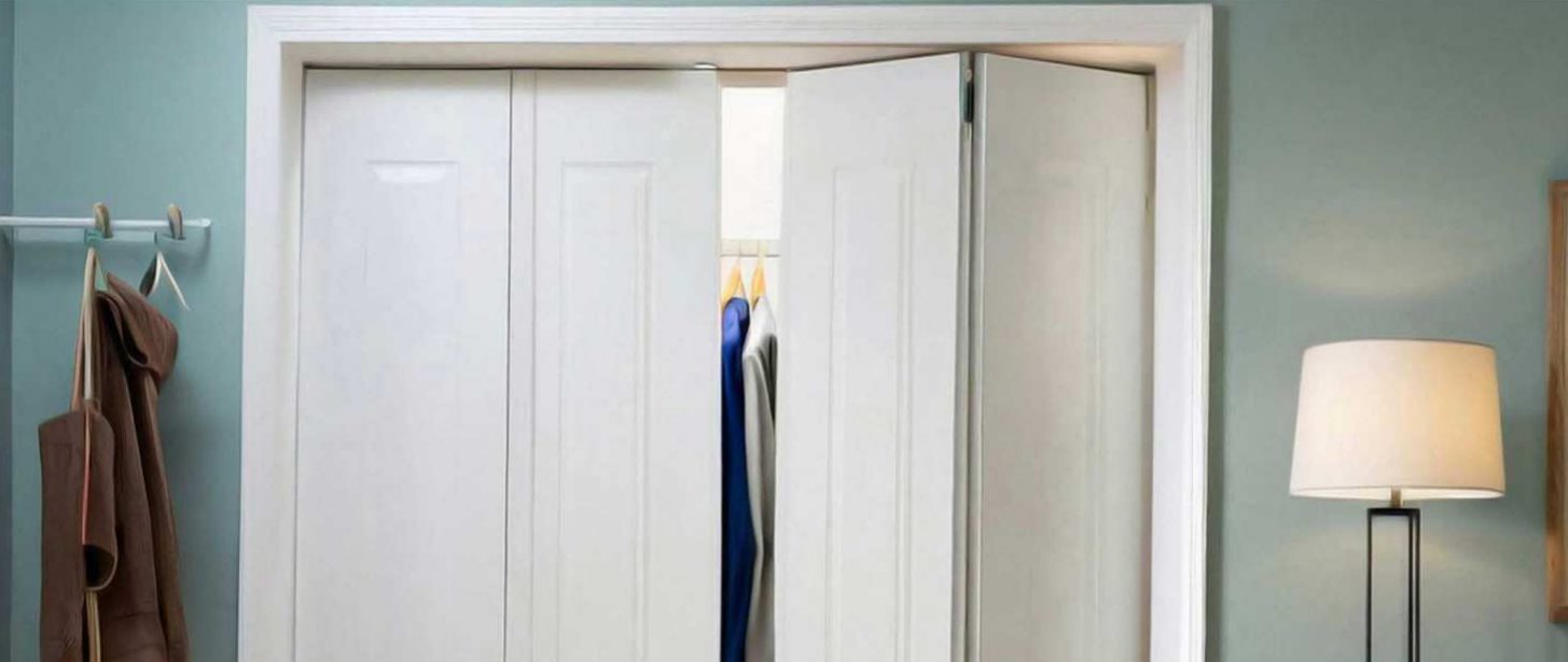 White panel bifold closet doors partly folded open