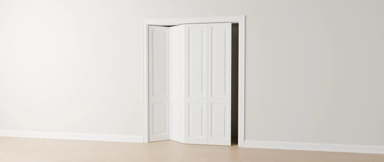 White 2-panel bifold closet doors partly folded open
