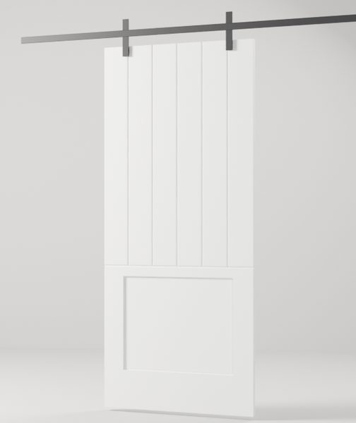 Barn Plank over Panel interior door, model BR004, factory white primed