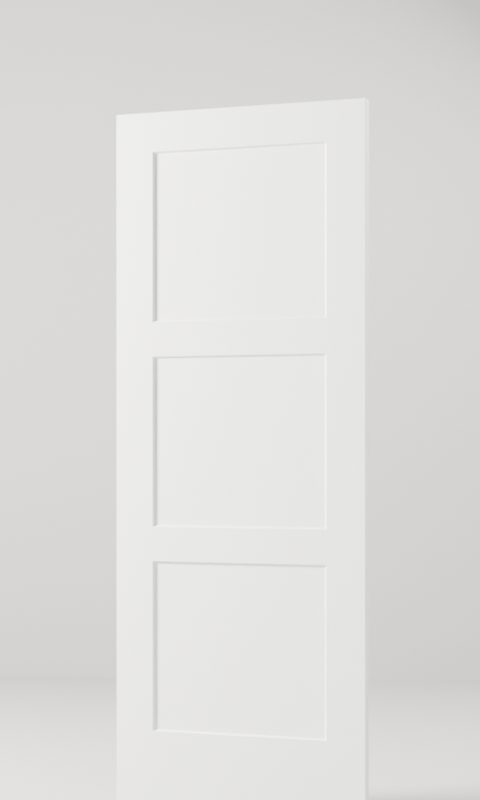 3-Panel Even, Shaker Profile interior door, model MD017, factory white primed
