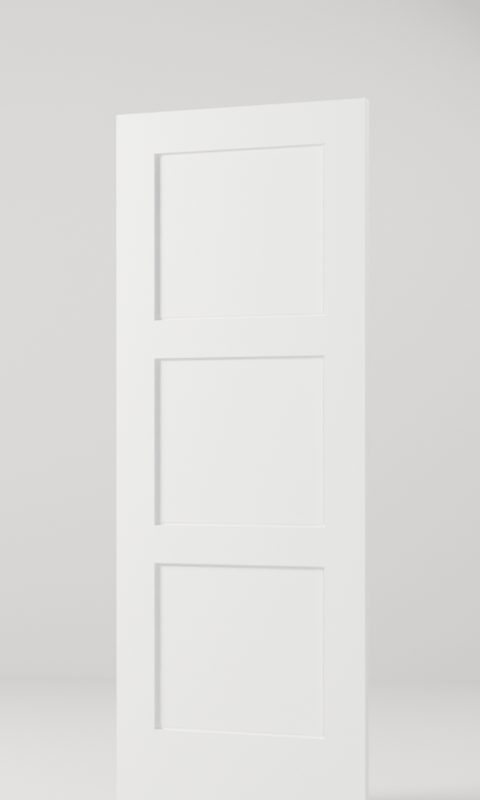 3-Panel Shaker interior door, model SK003, factory white primed