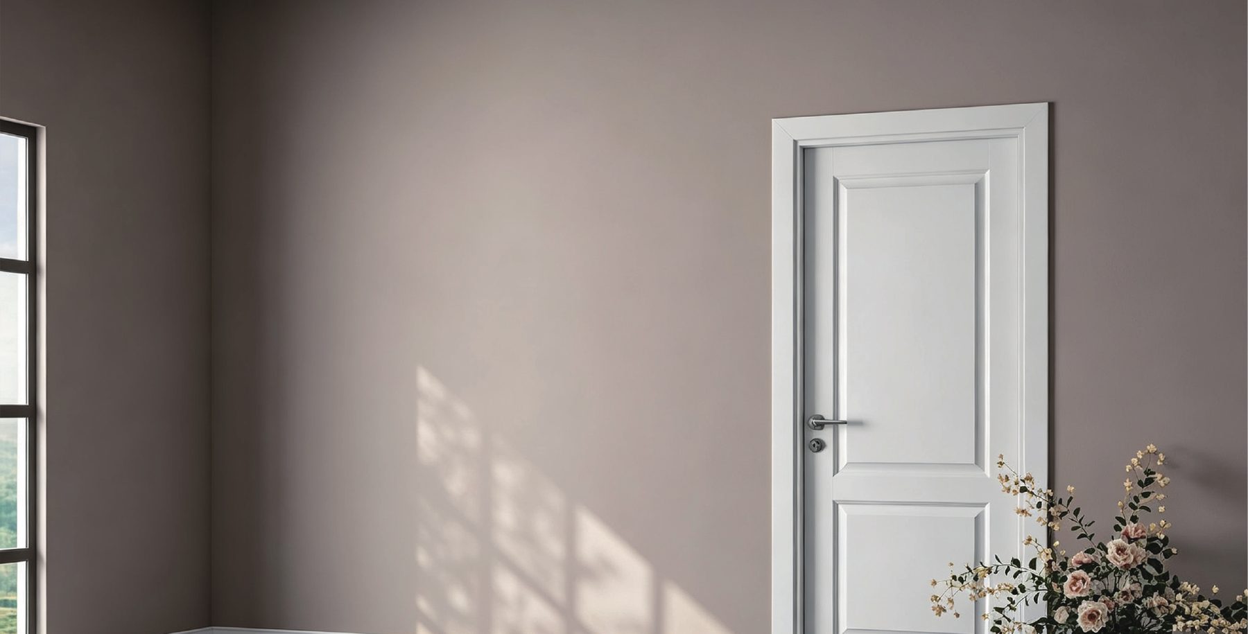 White primed 2-panel interior door with lever handle in a sunlit room