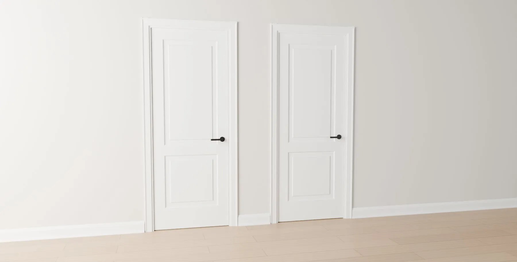 White 2-panel interior doors in a finished hallway