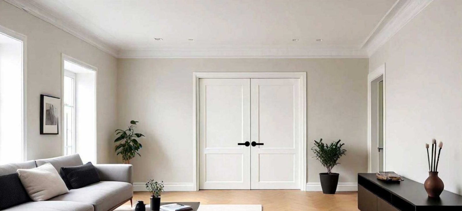 White 2-panel double doors in a bright living room