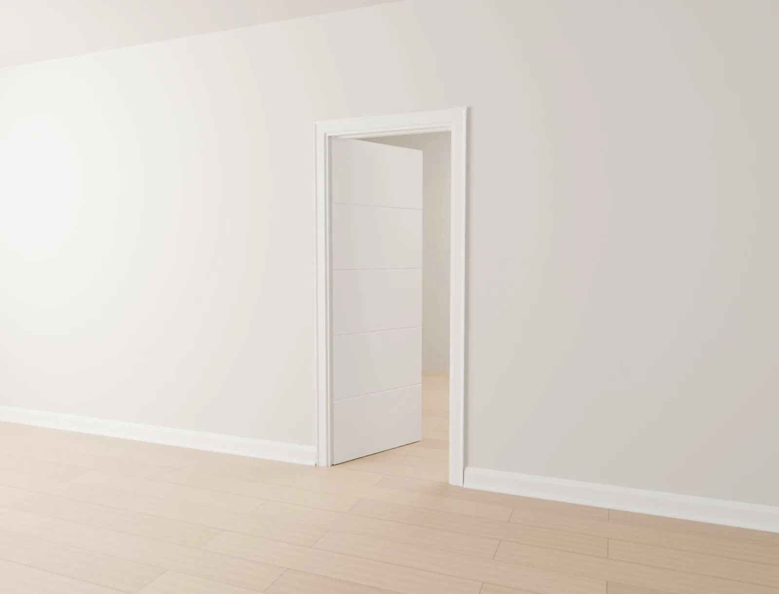 Open white interior door into a bright room