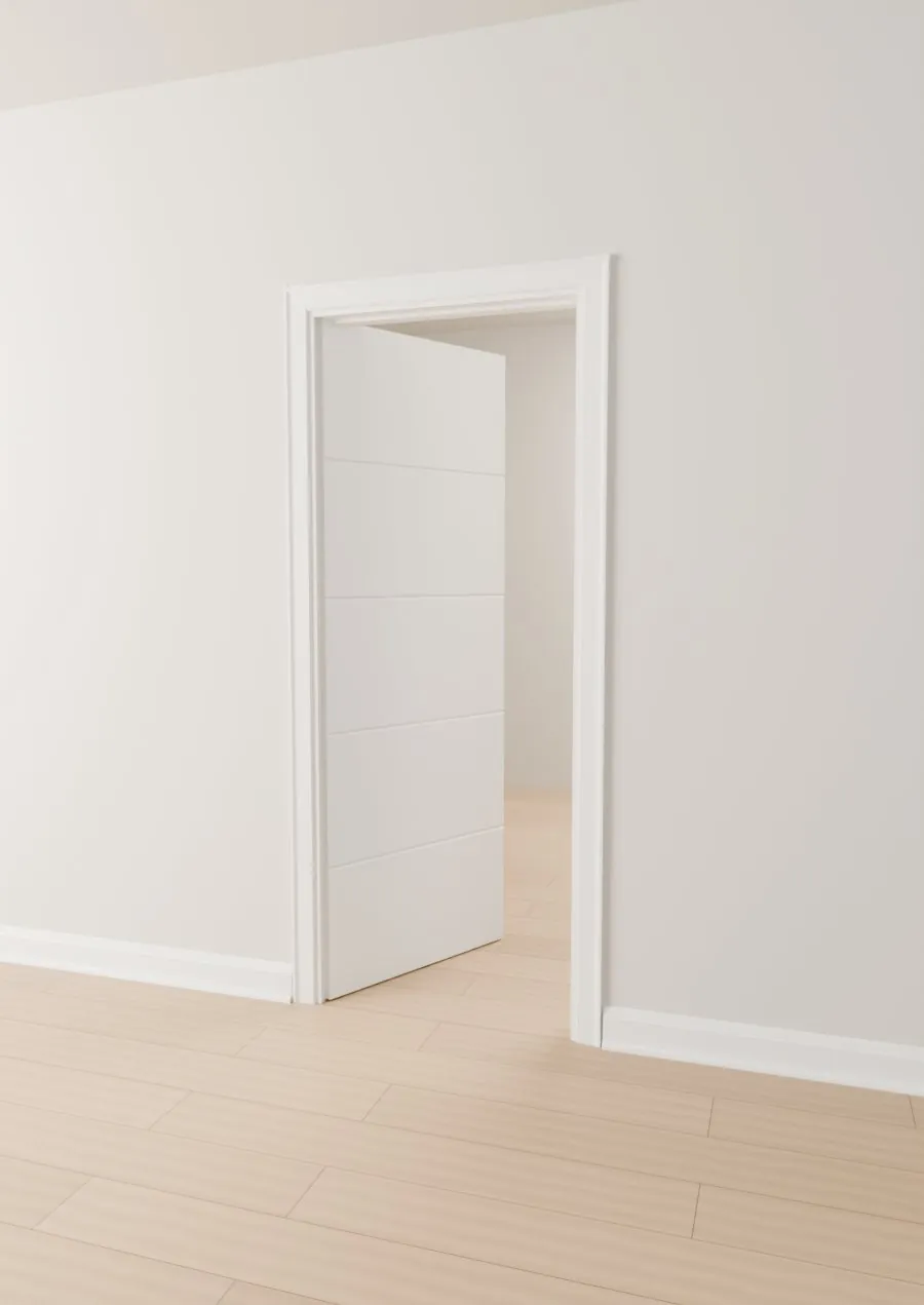 Open white flush door in a bright hallway