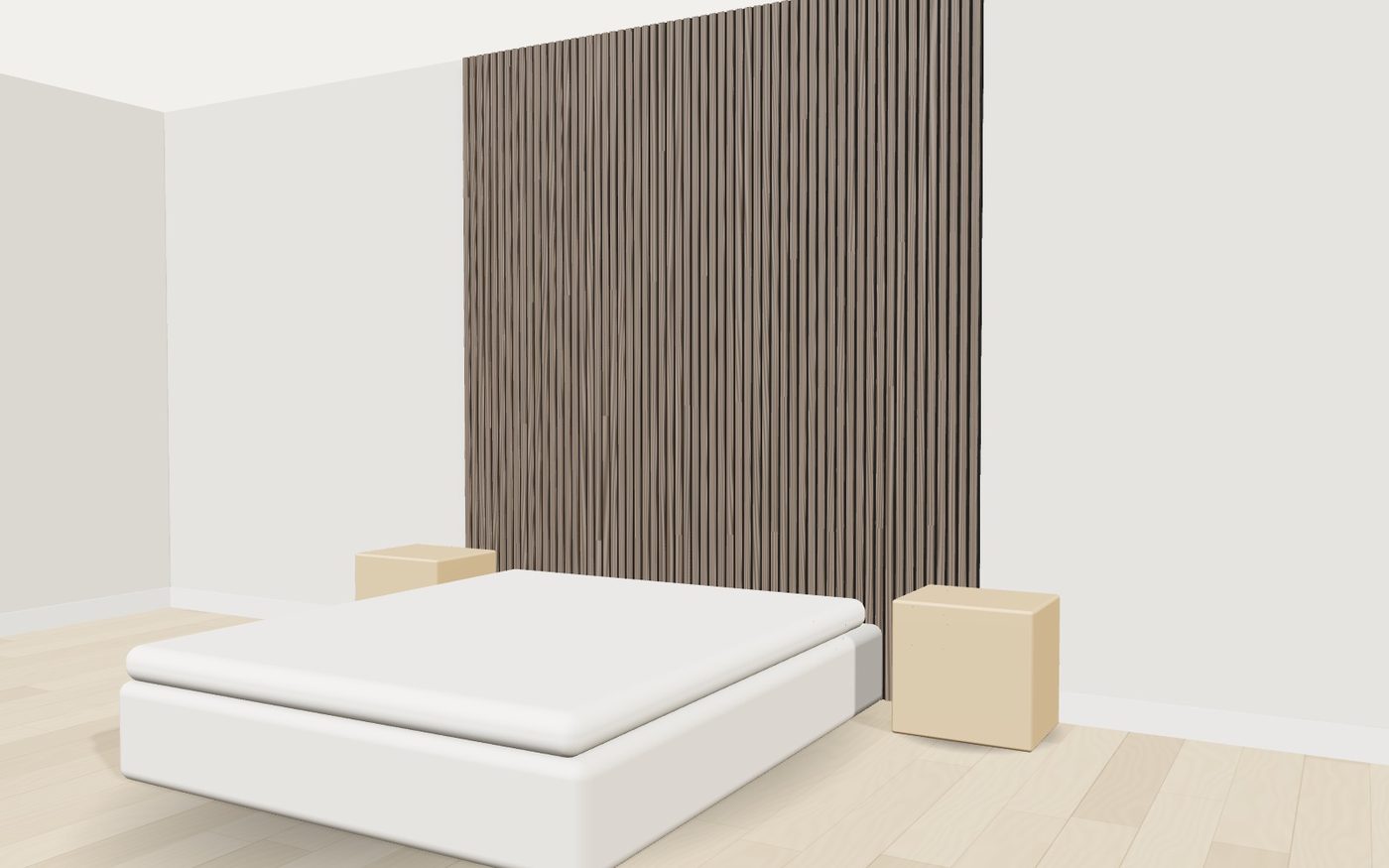 Dark walnut acoustic slat panels behind a bed