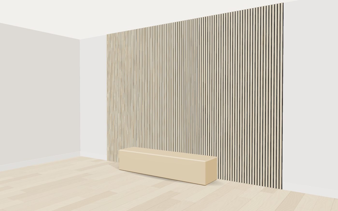Light oak acoustic slat panels covering a living room wall above a low bench