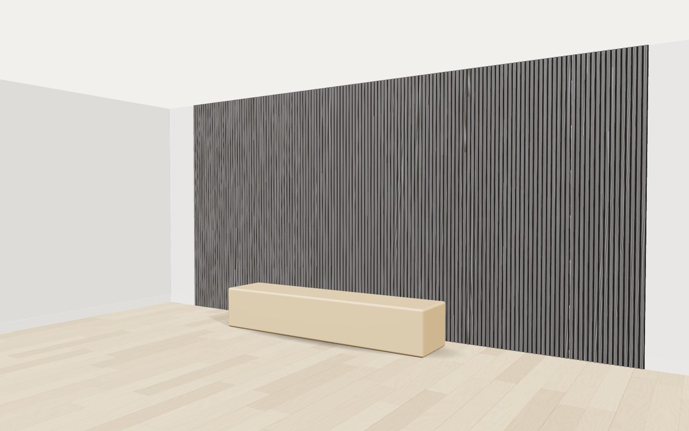 Grey oak slat panels on a building lobby wall above a wood bench