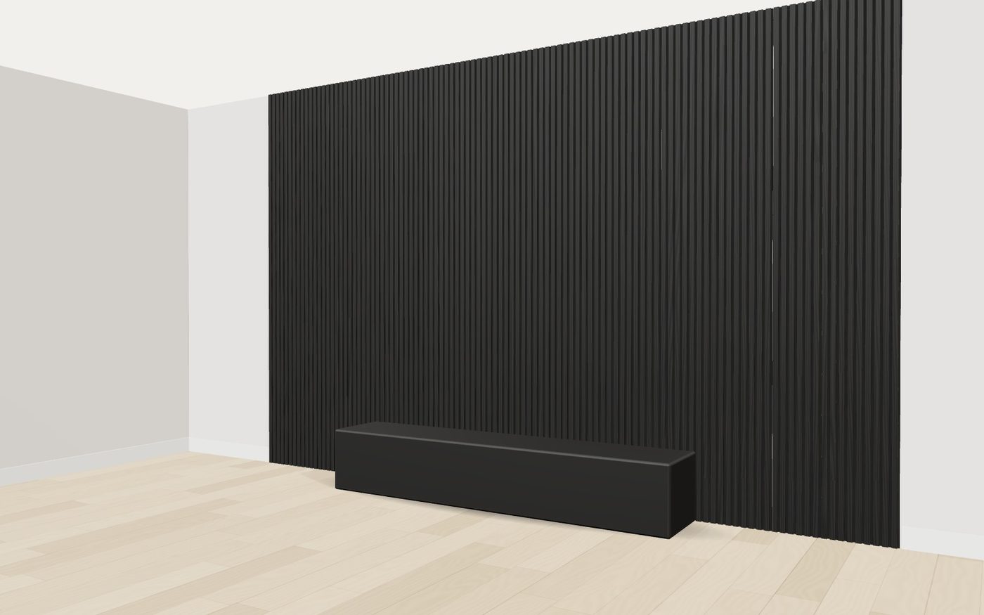 Black oak acoustic slat panels on a media room wall