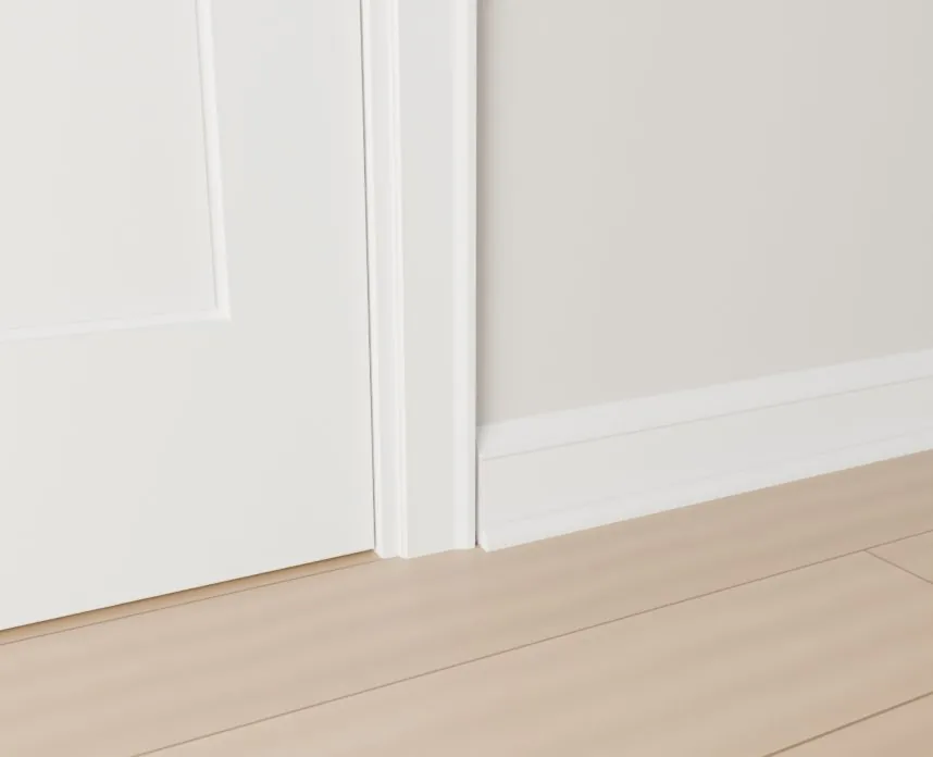 White door casing and baseboard in a finished hallway